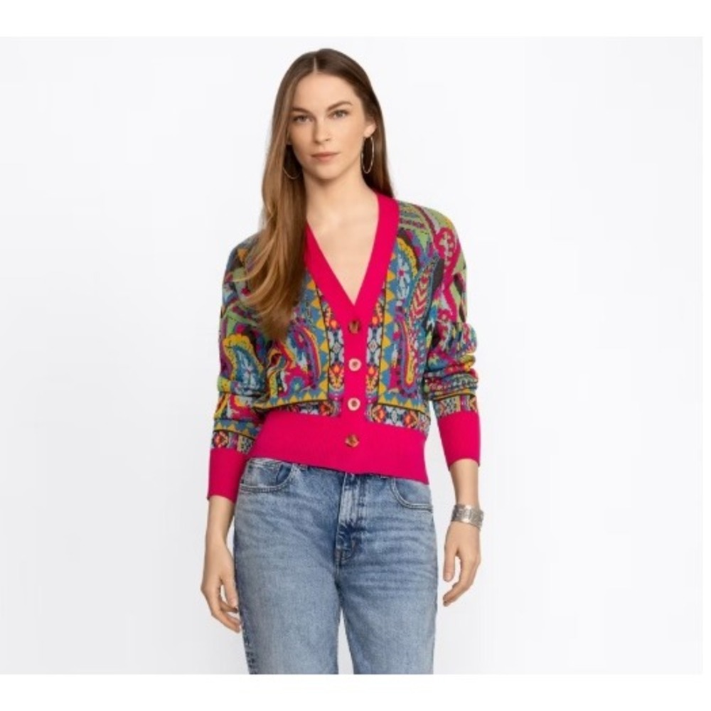 Johnny Was Demarne Cardigan L Pink Multicolor Paisley Intarsia Cotton Sweater